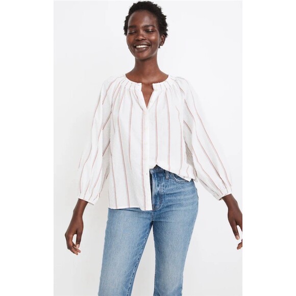 J.Crew Tops - Madewell Blouse Womens 2XL Ivory Striped Swiss Dot Smocked Boho Henley